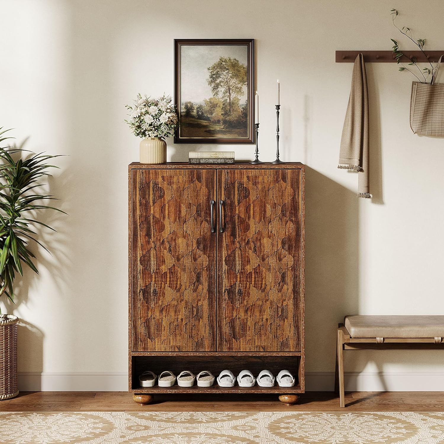 Tribesigns Shoe Cabinet for Entryway, Farmhouse Tall Shoe Cabinet with Doors and Adjustable Shelves, Solid Wood Shoes Storage for Hallway, Foyer, Living Room, Walnut