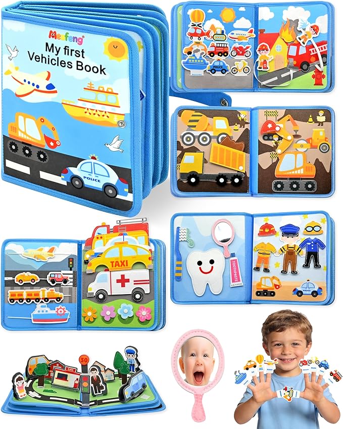 Meafeng® Libro Montessori Interattivo 1 Anno – Busy Board Sensoriale Educativo con Tema di Trasporto, 10 Pagine di Attività, Giochi Montessori per Bambini 1-3 Anni, Regalo Didattico e Creativo