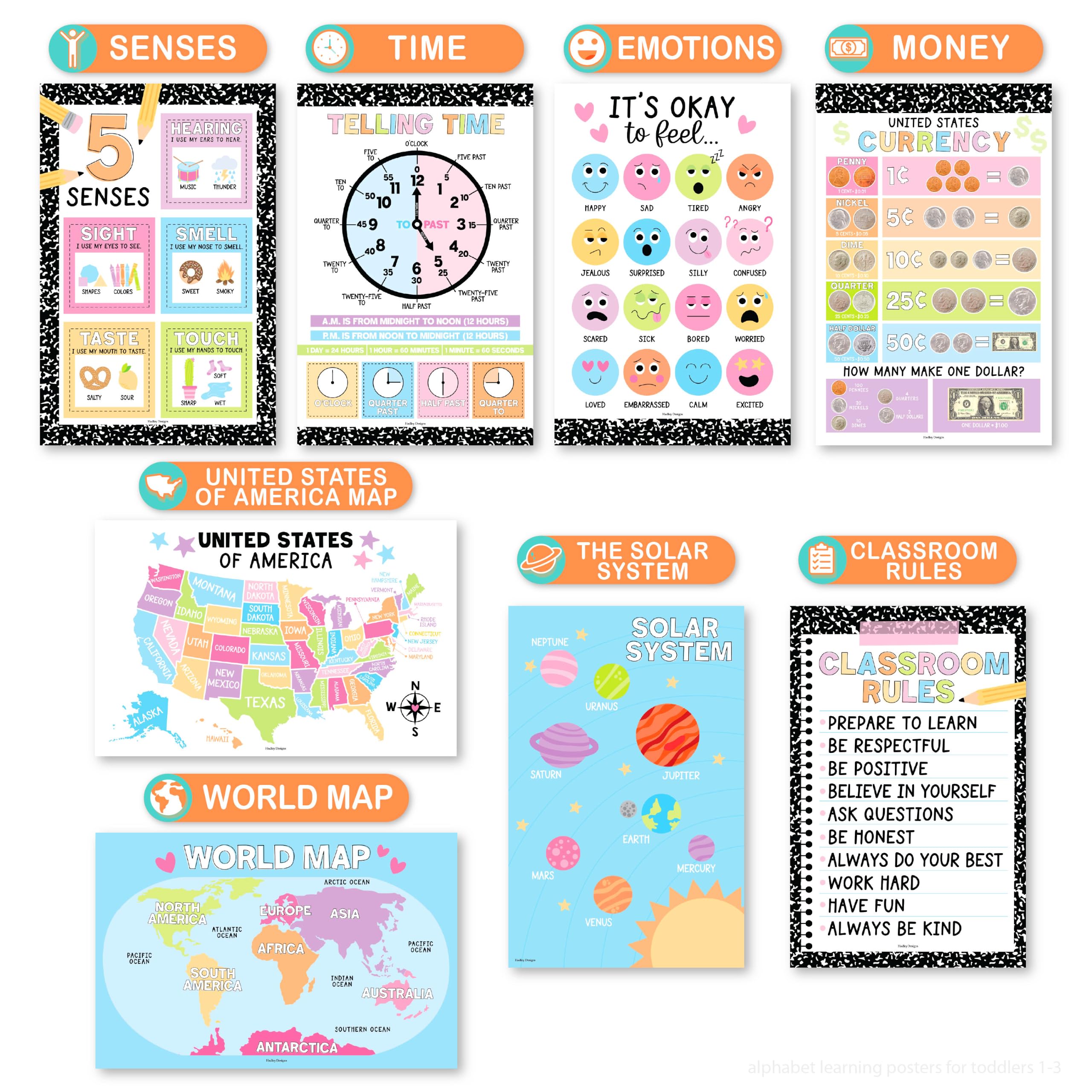 Hadley Designs: 16 affiches éducatives pour les tout-petits de 1 à 3 ans – Affiches éducatives pour enfants de 3 à 5 ans, tableau de l'alphabet pour salle de jeux, cours à domicile, crèches et