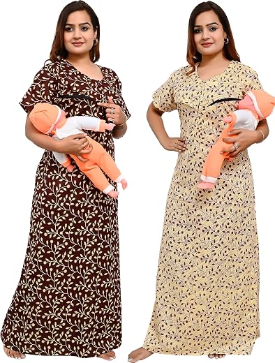 Ankona Feeding Nighty Combo of 2 Pieces in Pure Cotton with 3 zips, First Zip on Neck for Comfortable Wearing & Other 2 zi...