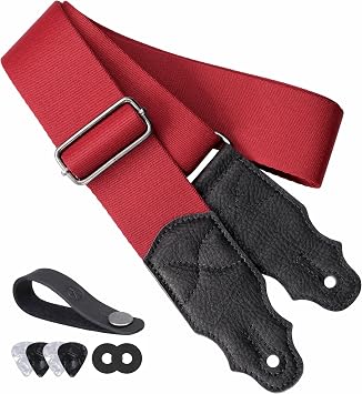 YIKOKO Guitar Strap, Head Layer Cowhide Leather End, 2 Inches Wide, for Acoustic and Bass Electric Guitars, Free Button, 2 Strap Locks and 4 Guitar Picks