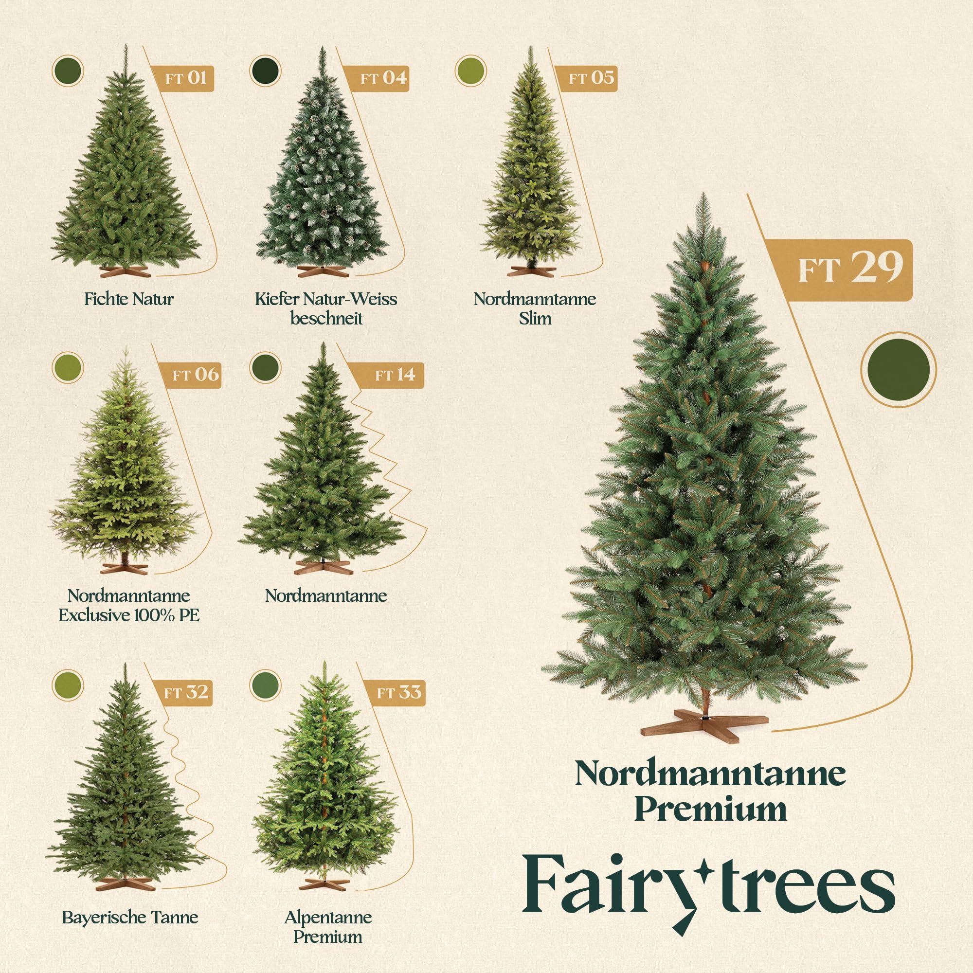 FAIRYTREES Weihnachtsbaum künstlich, Nordmanntanne Premium 180 cm, Naturgetreue Spritzguss Elemente, Made in EU, Künstlicher Weihnachtsbaum mit handgefertigtem Ständer aus Eschenholz