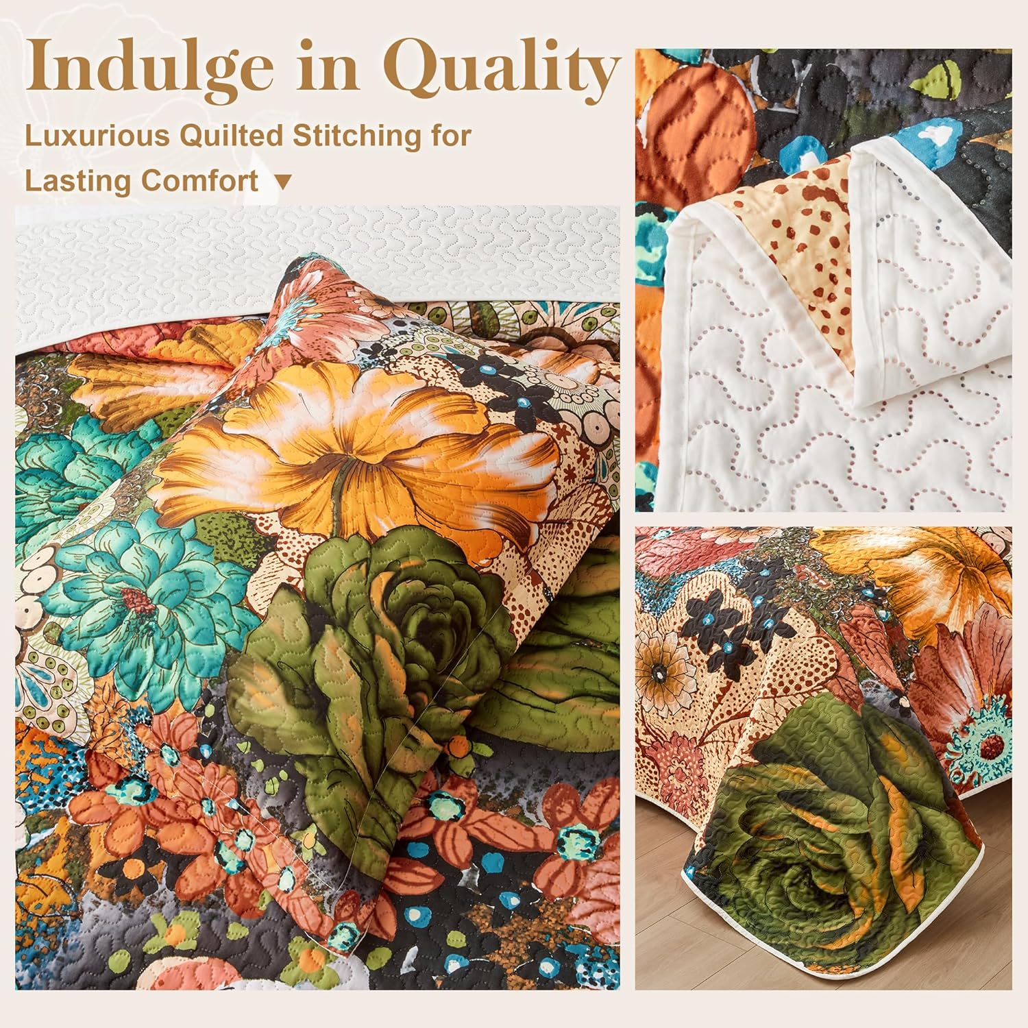 Boho Floral Quilt Sets King Size Reversible Mid Century Quilt Bedding Set Bohemian Design Soft Bedspread 3 Pieces Microfiber Lightweight Coverlet with 2 Pillow Shams for All Seasons, 106''x96'' - Image 4