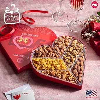 NUT CRAVINGS Heart Shaped Mixed Nuts Gift Basket, Love Box, 6 Assortments