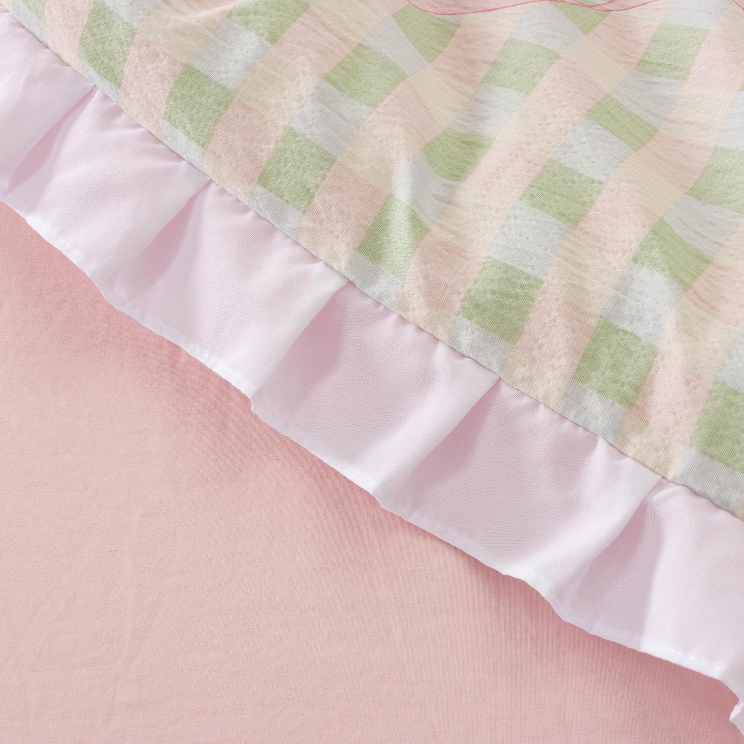 Btargot Twin Pink Green Plaid Comforter Set for Girls Kids, 5 Pieces Bow Ruffle Bedding Set, Bed in a Bag with Comforter, Sheets and Pillowcases