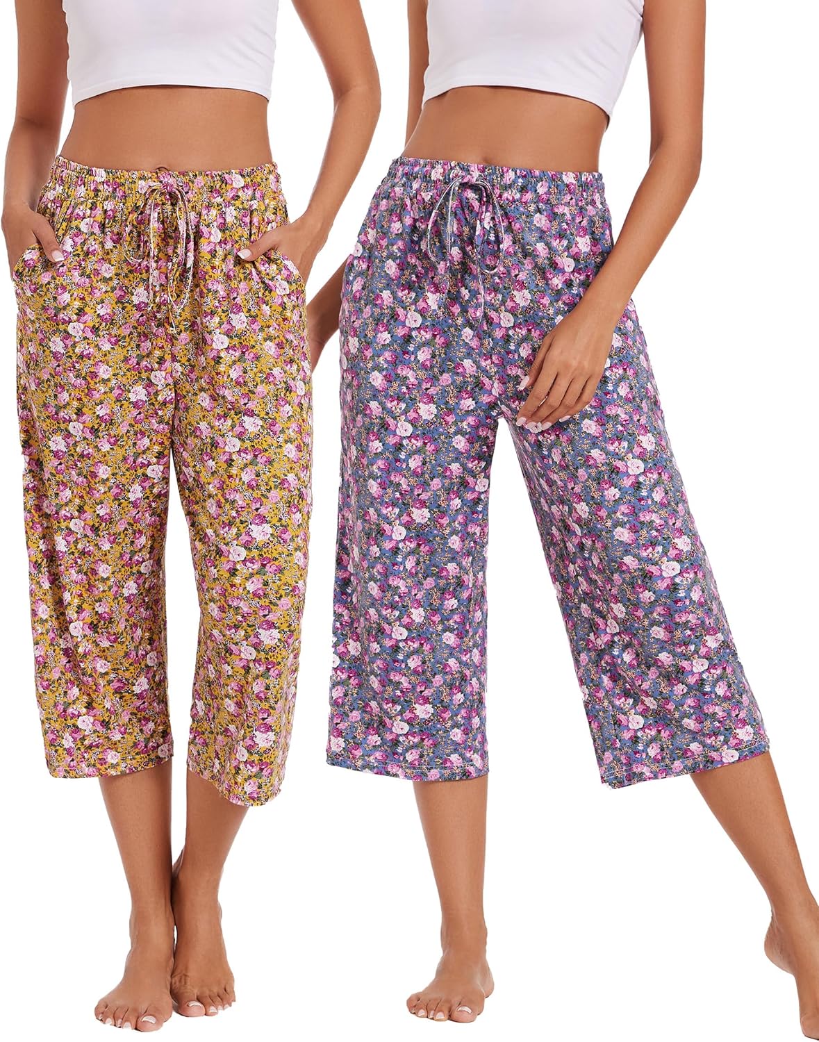 Kabento 2 Pack Womens Pajama Pants Capri Sleep Lounge Pants Drawstring Pj Bottoms with Pockets
