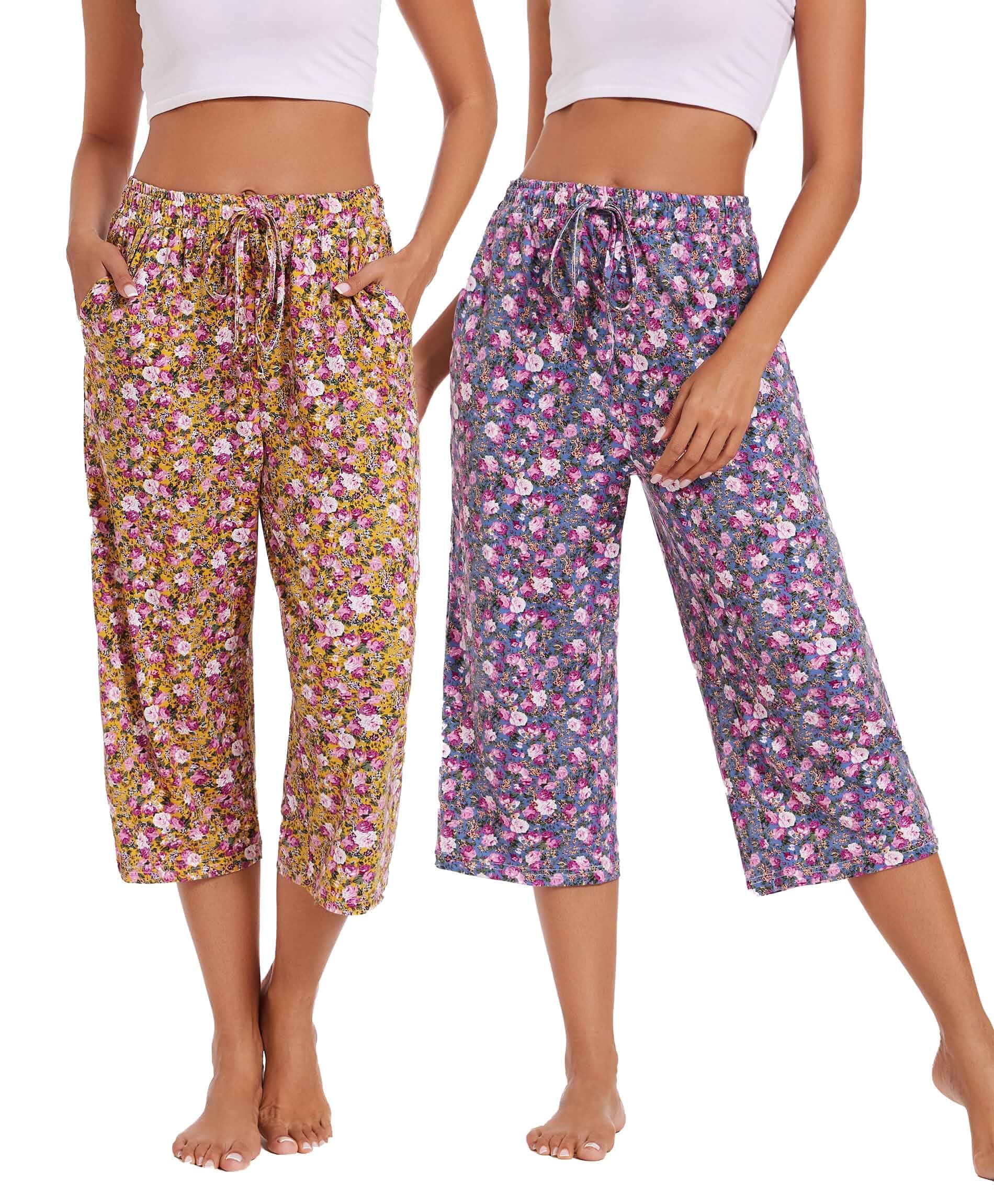Kabento 2 Pack Womens Pajama Pants Capri Sleep Lounge Pants Drawstring Pj Bottoms with Pockets Relaxed