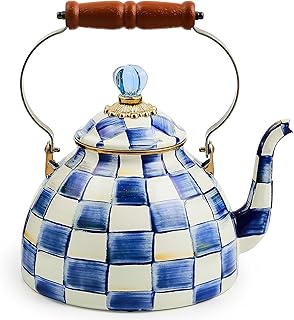 MACKENZIE-CHILDS Enamel Tea Kettle, Stylish Tea Kettle for Stovetop, Blue-and-White Royal Check, 3 Quarts