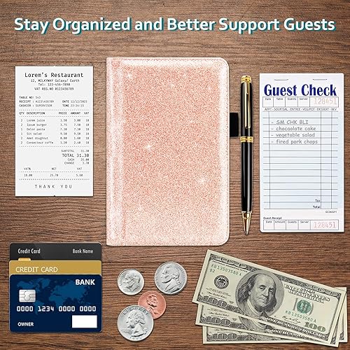 Miniatura 19 de RSAquar Libreta de servidores con bolsillo con cremallera, libros de cuero de primera calidad para camarera, cartera para camarera, delantal