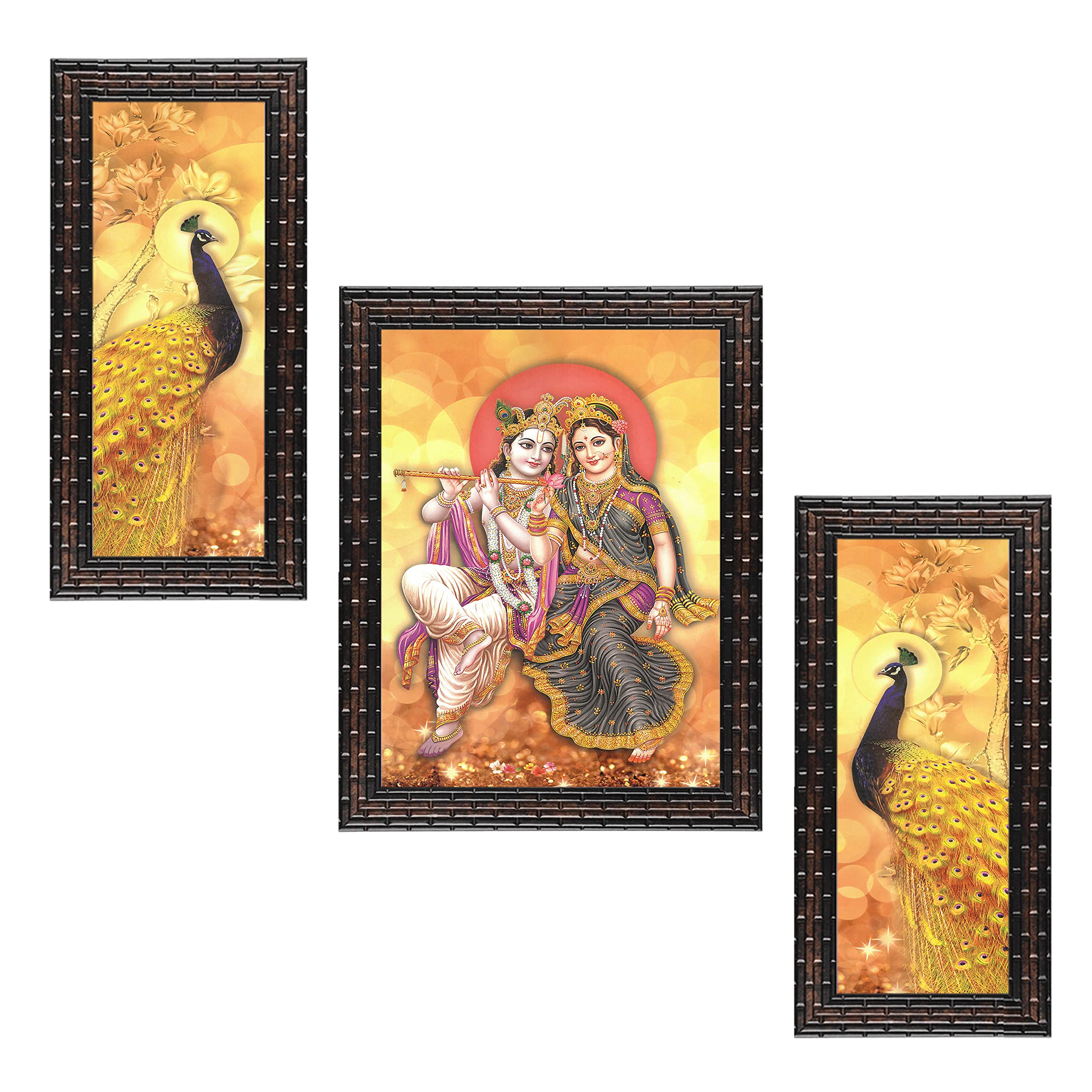 Indianara Set of 3 Radha Krishna with Peacocks Framed Art Painting (4084GB) without glass 6 X 13, 10.2 X 13, 6 X 13 INCH