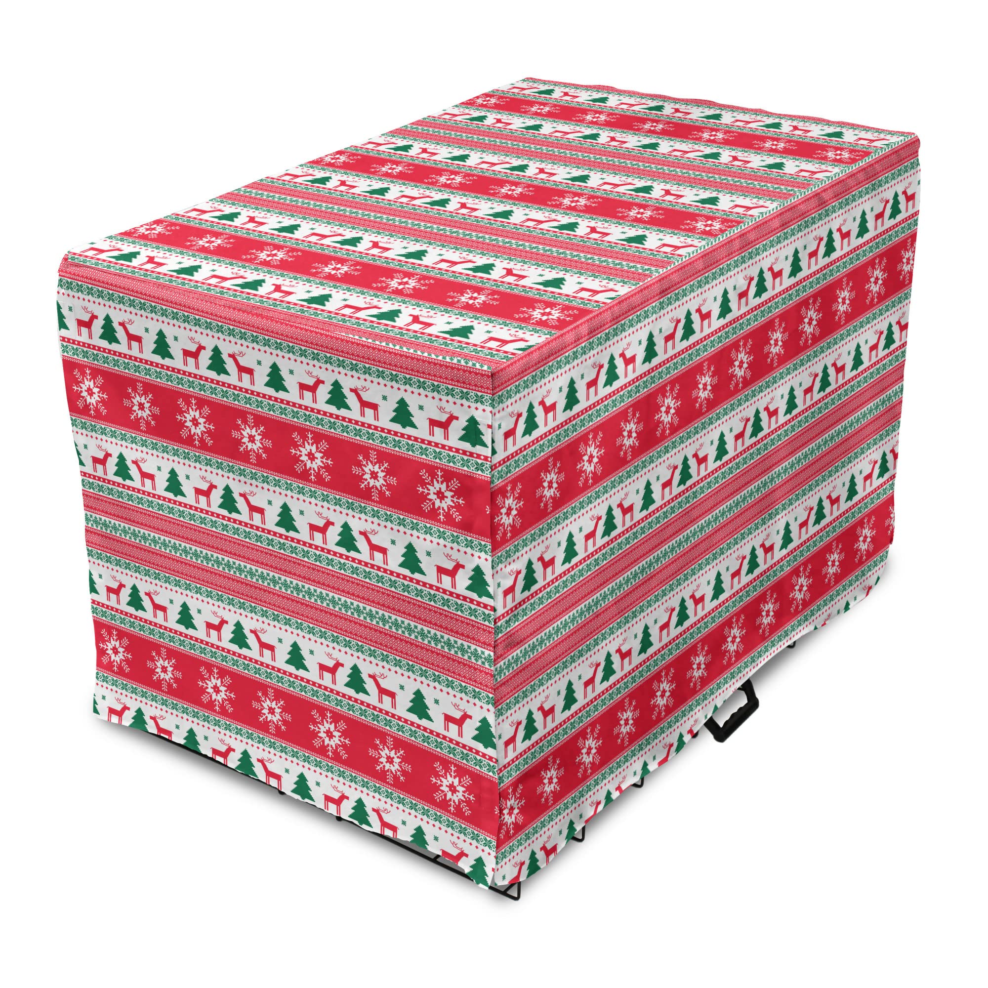 Ambesonne Christmas Dog Crate Cover, Traditional Reindeer Xmas Tree Snowflake Border Knitted Seem Pattern, Easy to Use Pet Kennel Cover for Medium Large Dogs, 36 Inch, Vermilion Green White