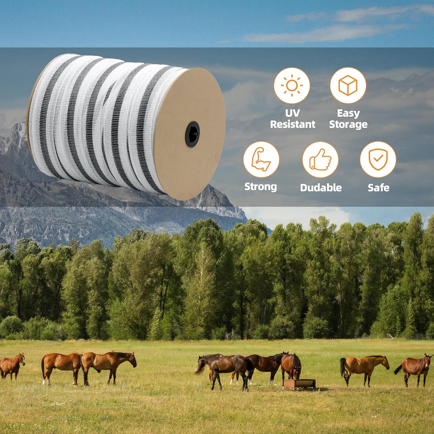 Electric Fence Poly Tape Horse Fencing Tape 656 Feet 200m, 2 Inch 50mm Width, 12 x 0.18mm Stainless Steel Conductors, White and Gray