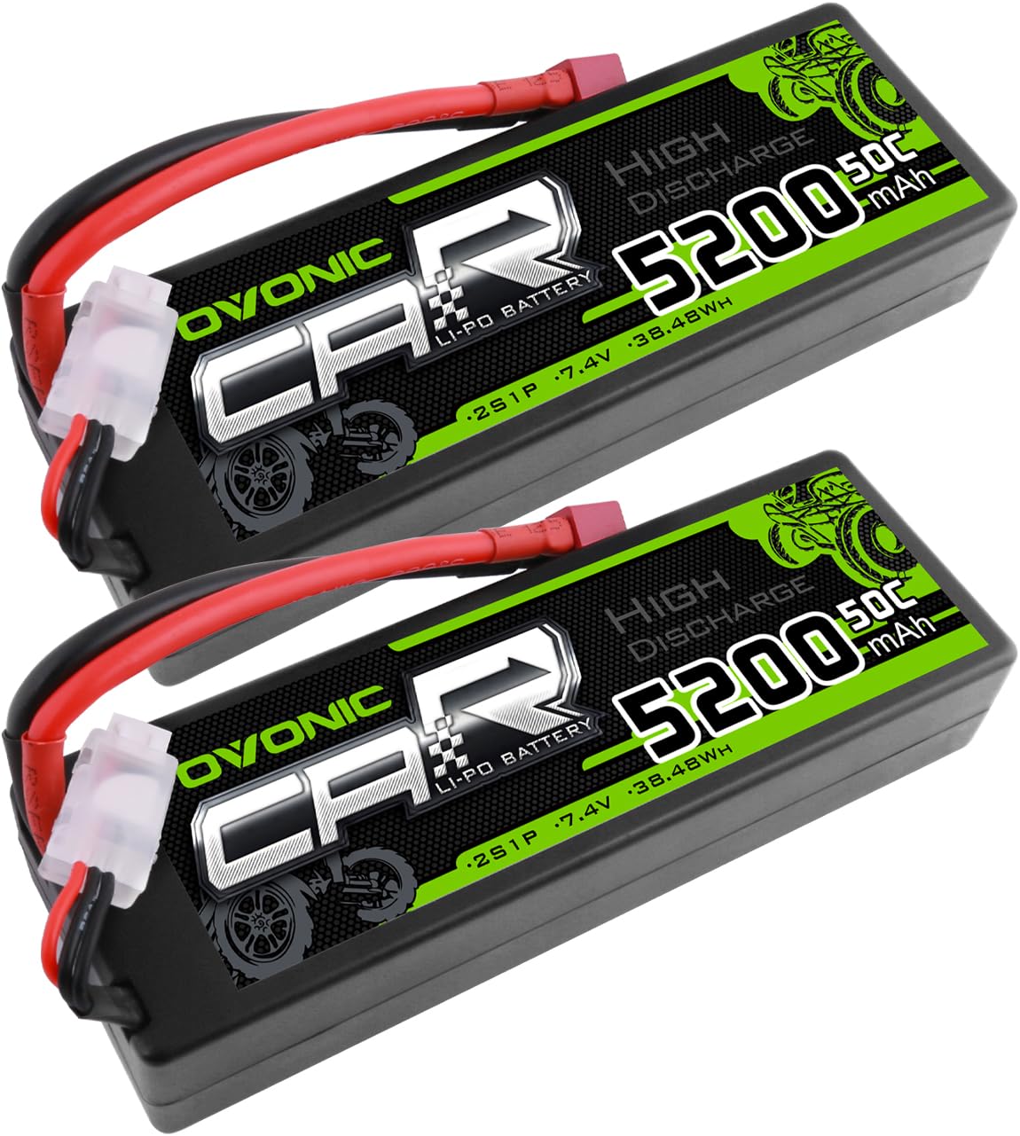 Batteries LiPo OVONIC 2S 5200mAh 50C - Pour Voiture RC 1/10, Connecteur EC5 - Lot De 2