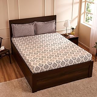 Amazon Brand - Solimo Damask Dreams 144 TC 100% Cotton Double Bedsheet with 2 Pillow Covers, Brown, 144 TC Price In India
