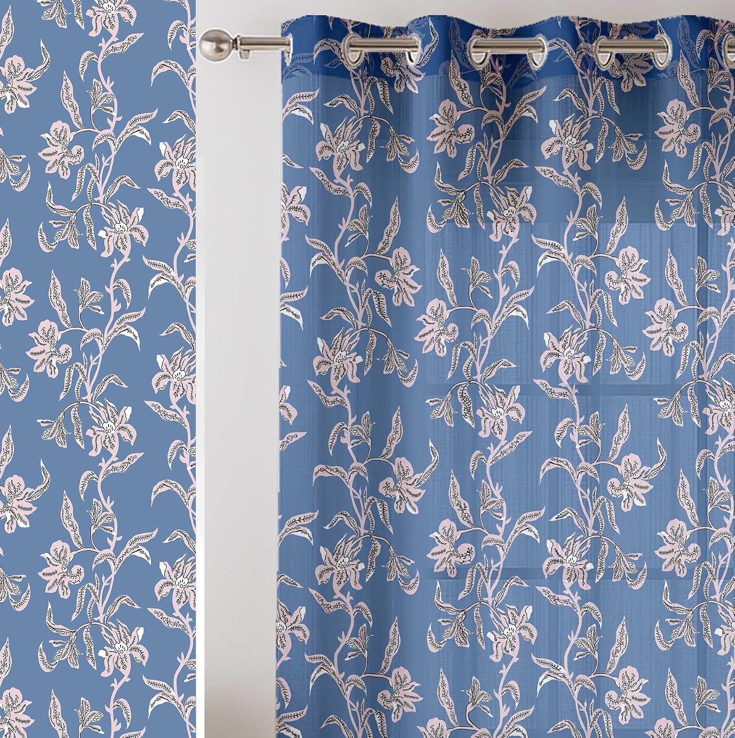 Leaves Pattern Sheer Curtains for Short Windows – Set of 2 Panels, 63" Length, Grommet Top, Printed Georgette, Light Filtering Drapes for Kitchen or Bedroom