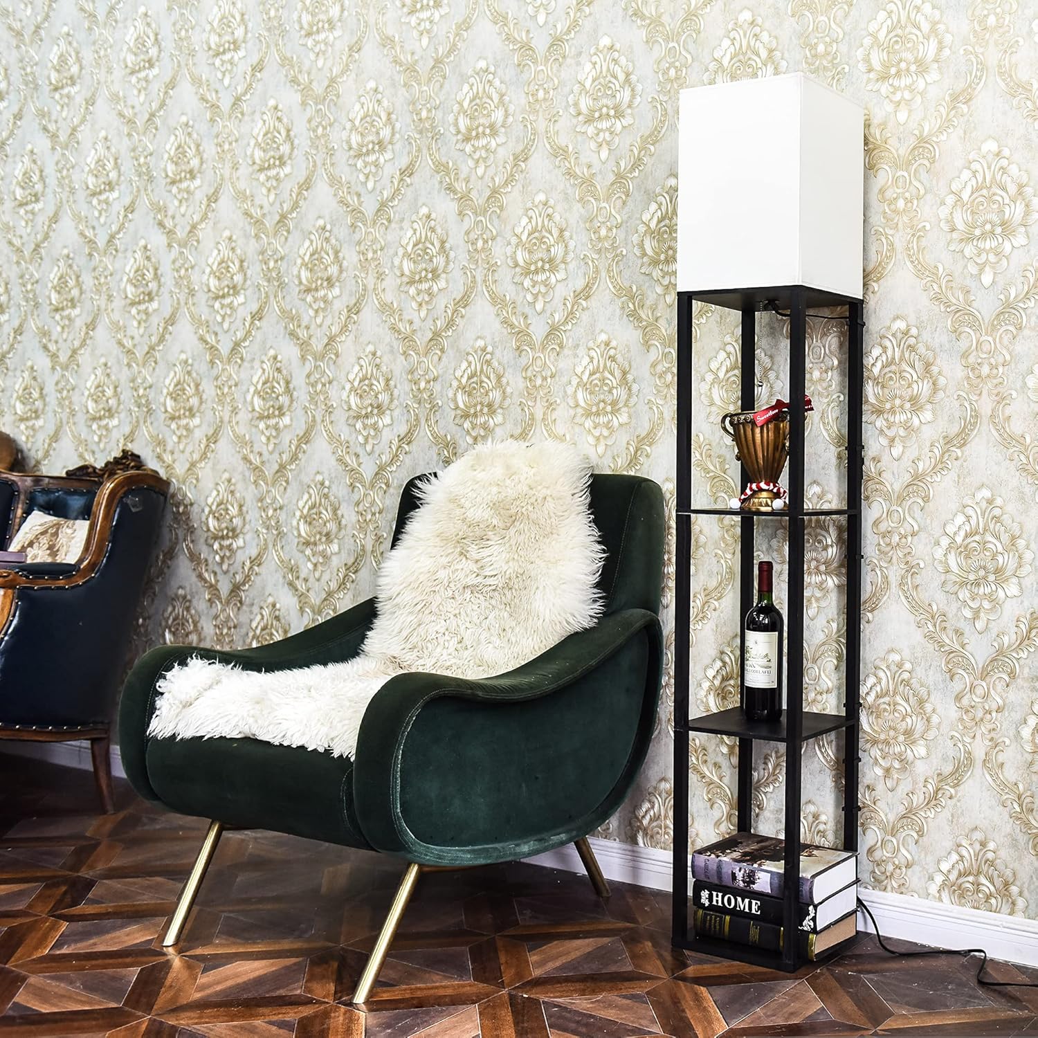 Floor Lamp with Shelves by Solid Wood, Modern Shelf Floor Lamp with 3 Color Temperature, Linen Lampshade and Storage Shelves for Living Room, Bedroom, Bulb Included, Matte Black - - 