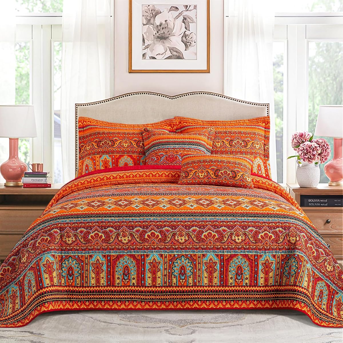 VAPUTAR Juego de cama California King Size, 100% algodón cara King | (108 * 118 pulgadas) - Colcha tamaño king de gran tamaño, reversible, liviana y bohemia para dormitorio de granja (rojo/naranja), 3 piezas