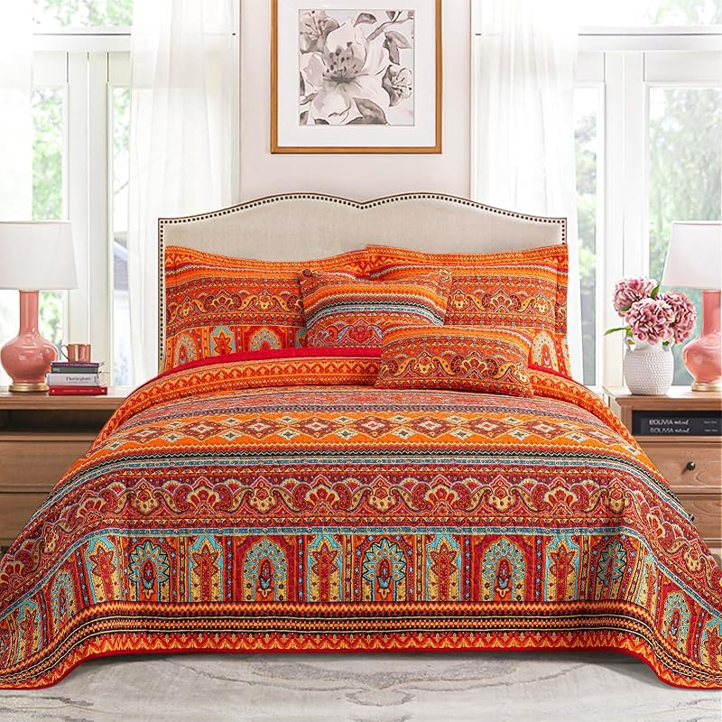 VAPUTAR Juego de cama California King Size, 100% algodón cara King | (108 * 118 pulgadas) - Colcha tamaño king de gran tamaño, reversible, liviana y bohemia para dormitorio de granja (rojo/naranja), 3 piezas