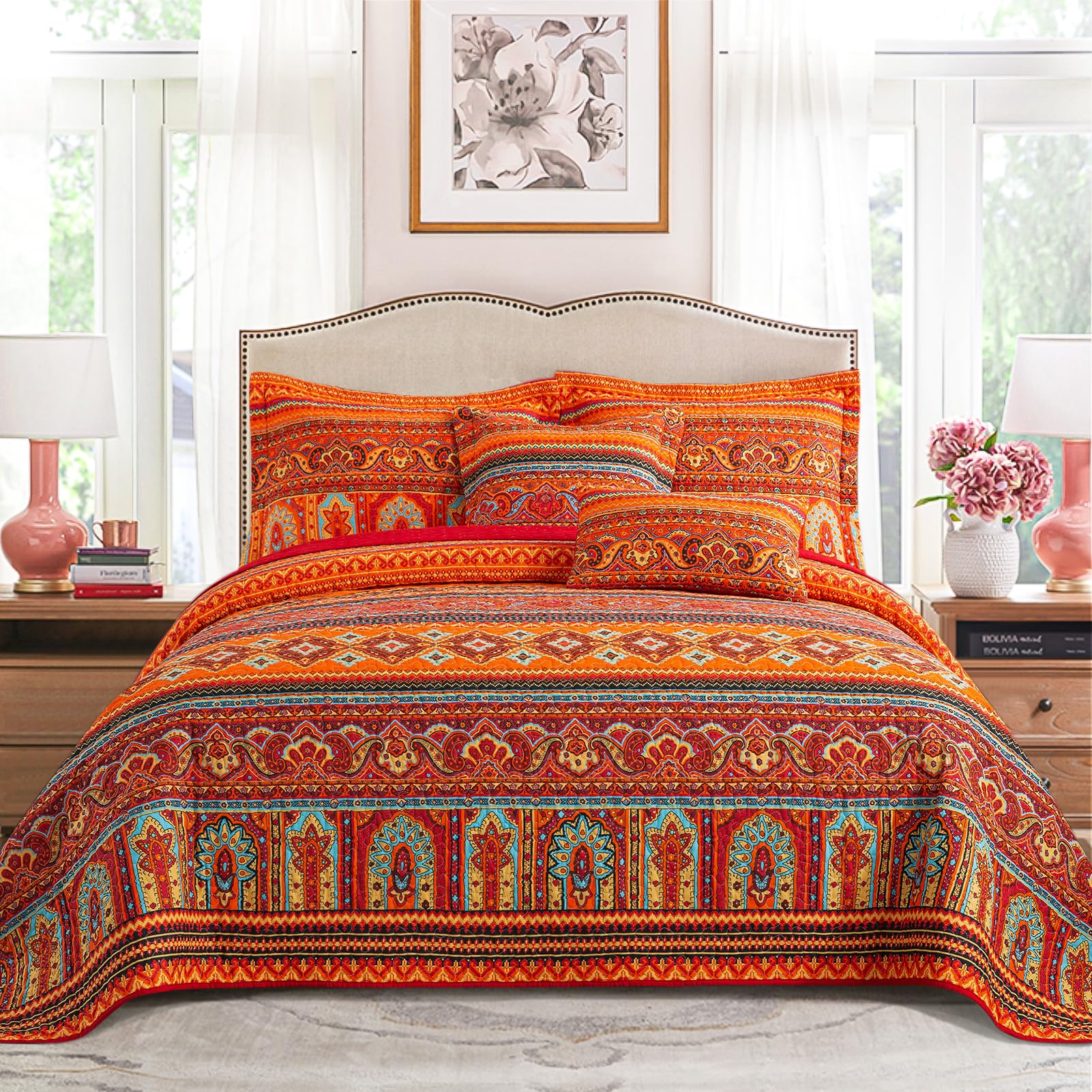 Quilt California King Size Bedding Set - Cotton California King Quilt (108 * 118 Inch) - Boho Lightweight Reversible Oversized Bedspread for Farmhouse Bedroom (Red/Orange), 3 Pieces