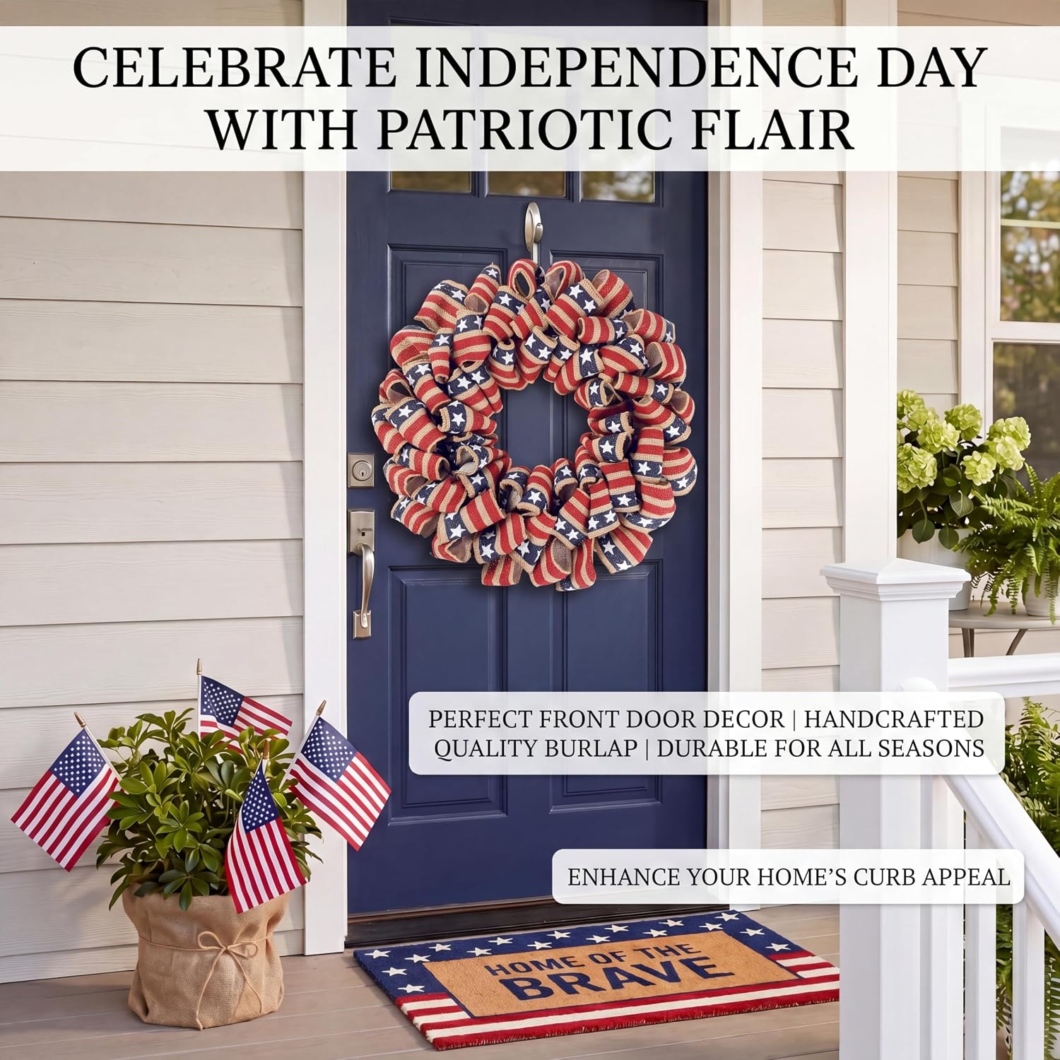 Sggvecsy 18Inch 4th of July Patriotic Day Wreath for Front Door America Patriotic Flag Burlap Summer Patriotic Decorations with Red Stripe Blue Star for Memorial Day Independence Day Veterans Day