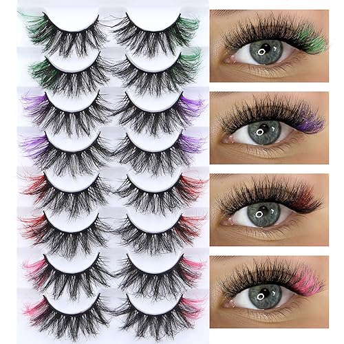 Pestañas postizas de visón de colores, pestañas postizas esponjosas 5D, pestañas rosadas, 4 colores mezclados, 8 pares de pestañas coloridas y