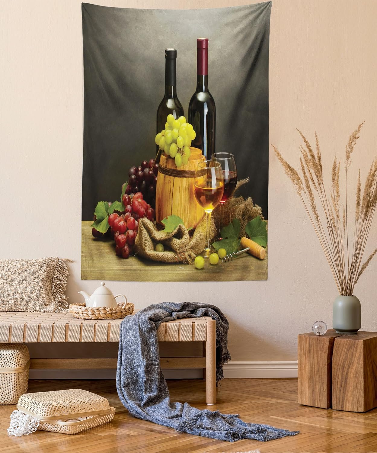 Ambesonne Winery Tapestry Queen Size, Cask Bottles and Glasses of Wine and Ripe Grapes on Wooden Table Picture Print, Wall Hanging Bedspread Bed Cover Wall Decor, 88" X 88", Grey Taupe