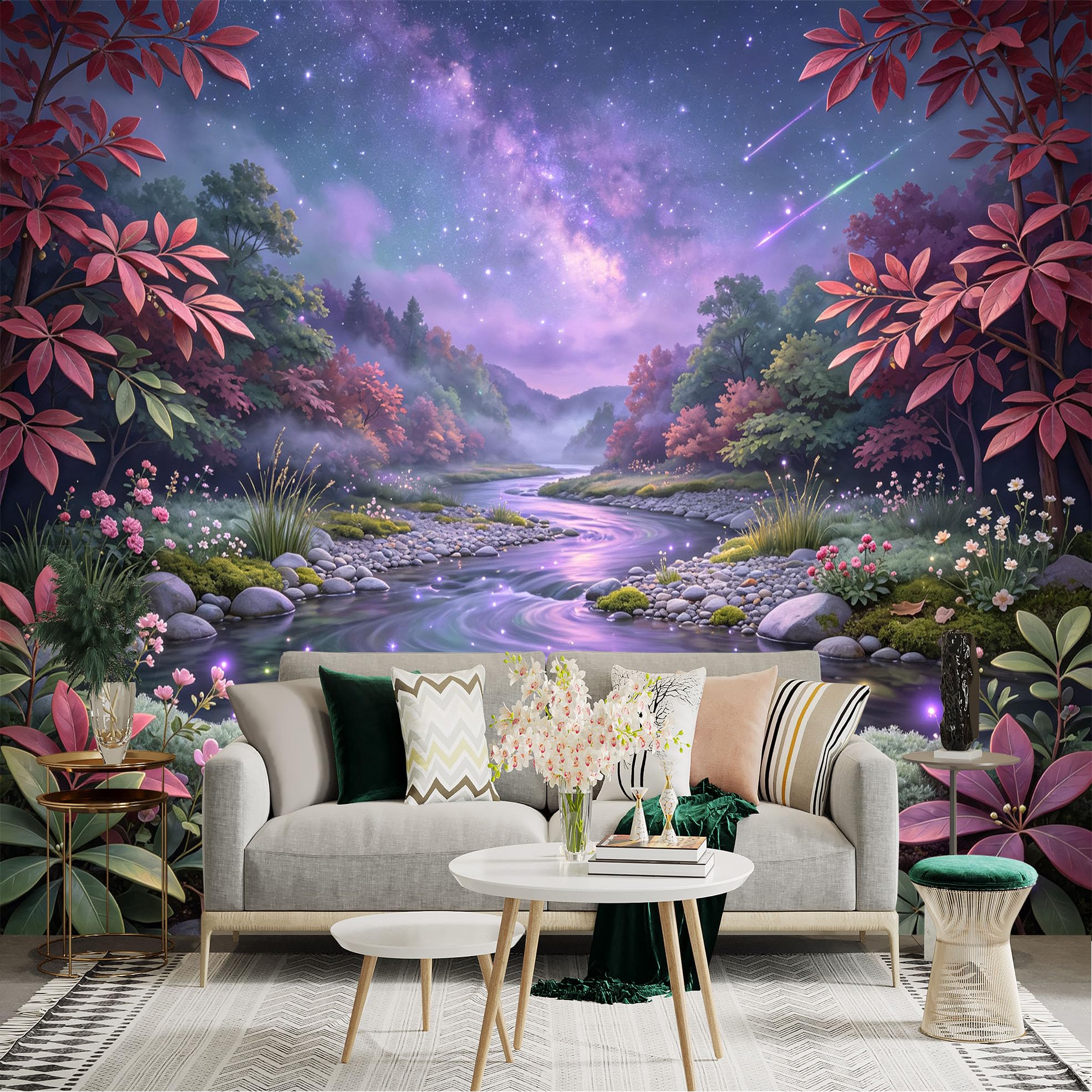 Lnzczhyre Bh260719227 Custom Size Wall Sticker Mural， Enchanted River With Glowing Stars， Magical Forest Scenery， Nature Landscape， For Wall Decoration， Peelandstick Wall Decals.