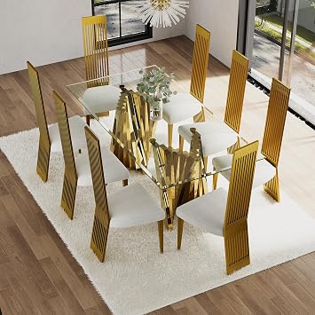 9 Piece Gold Dining Table Set, Luxury 78 inch Tempered Glass and Gold Dining Room Table Set with 8 White Boucle High Back Dining Chairs, Kitchen Table Set for 8