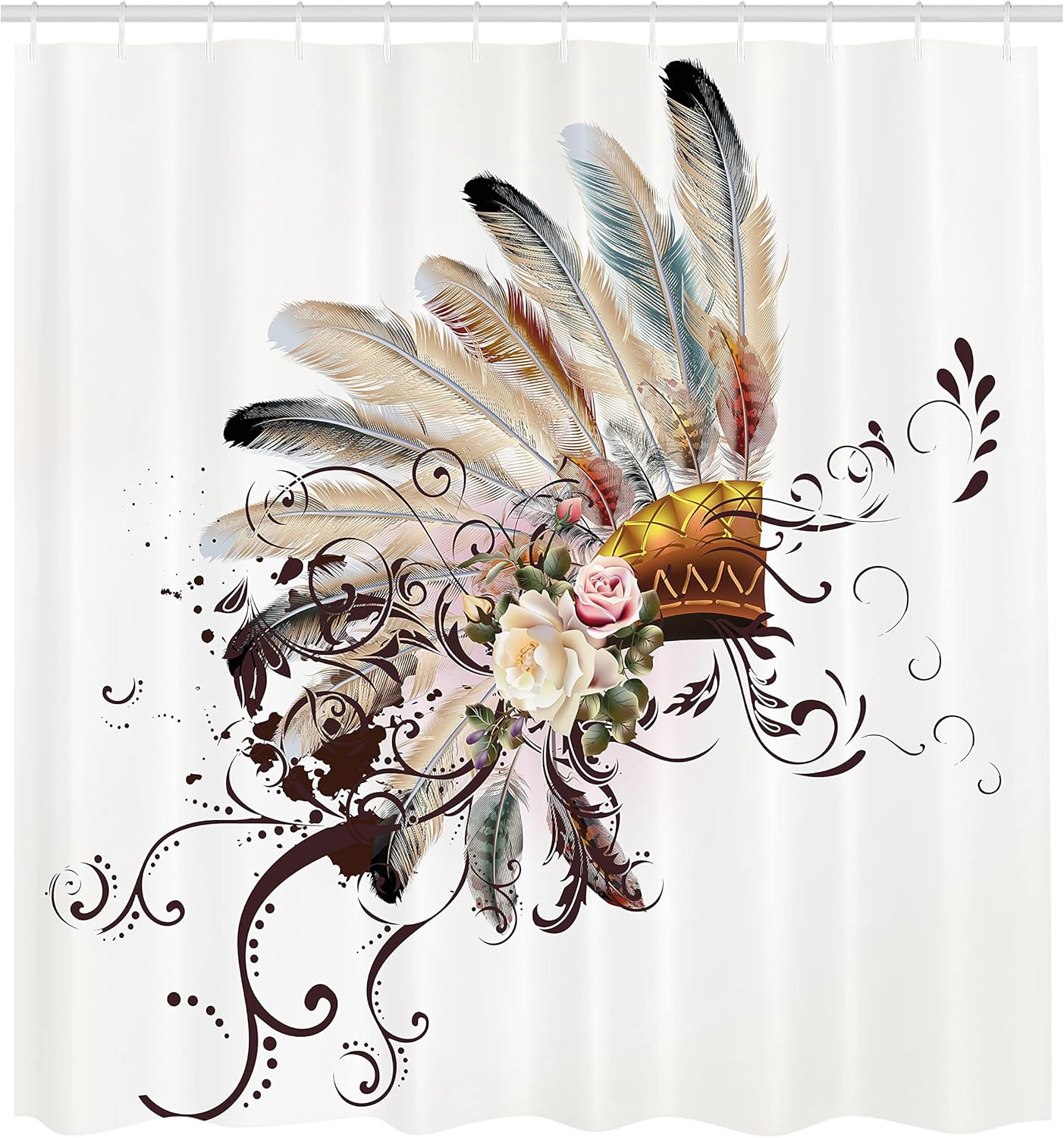 Ambesonne Feather Shower Curtain, Floral Arrangements Head Wear Flowers Swirls Shapes, Cloth Fabric Bathroom Decor Set with Hooks, 69" W x 70" L, Beige Multicolor