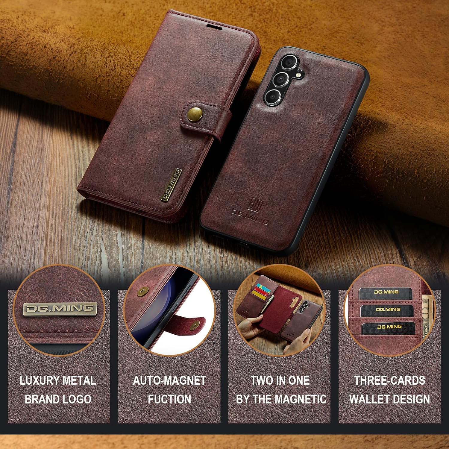 Detachable 2 in 1 Split Magnetic Flip Folio Wallet Case Compatible with Samsung Galaxy S23 FE Genuine Leather Phone Case with 3 Card Holder Slots Kickstand Shockproof Cover(Red)