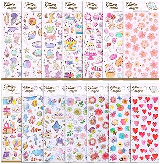 SANNIX キラキラシール 女の子 14シート ごほうびシール 手帳ステッカー ぷくぷく シール キラキラ ハート 立体 デコ ステッカー ごほうび スケジュール帳 星花と貝殻クラゲ