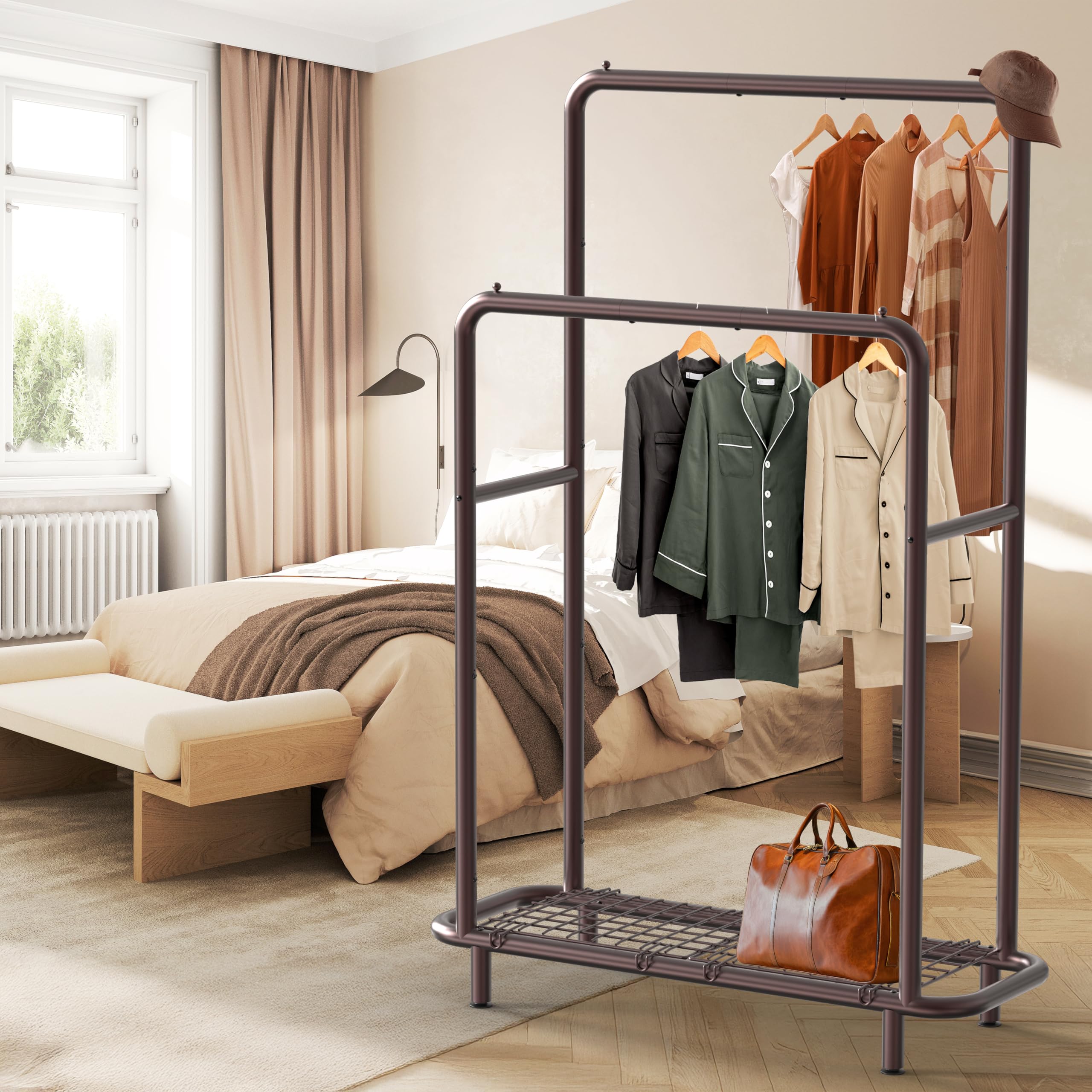 edihome, Clothes rack, clothes rack, coat rack, 118X148X39 cm, resistant, metal, with shoe support, to hang clothes, hangers, shirts, trousers, thin