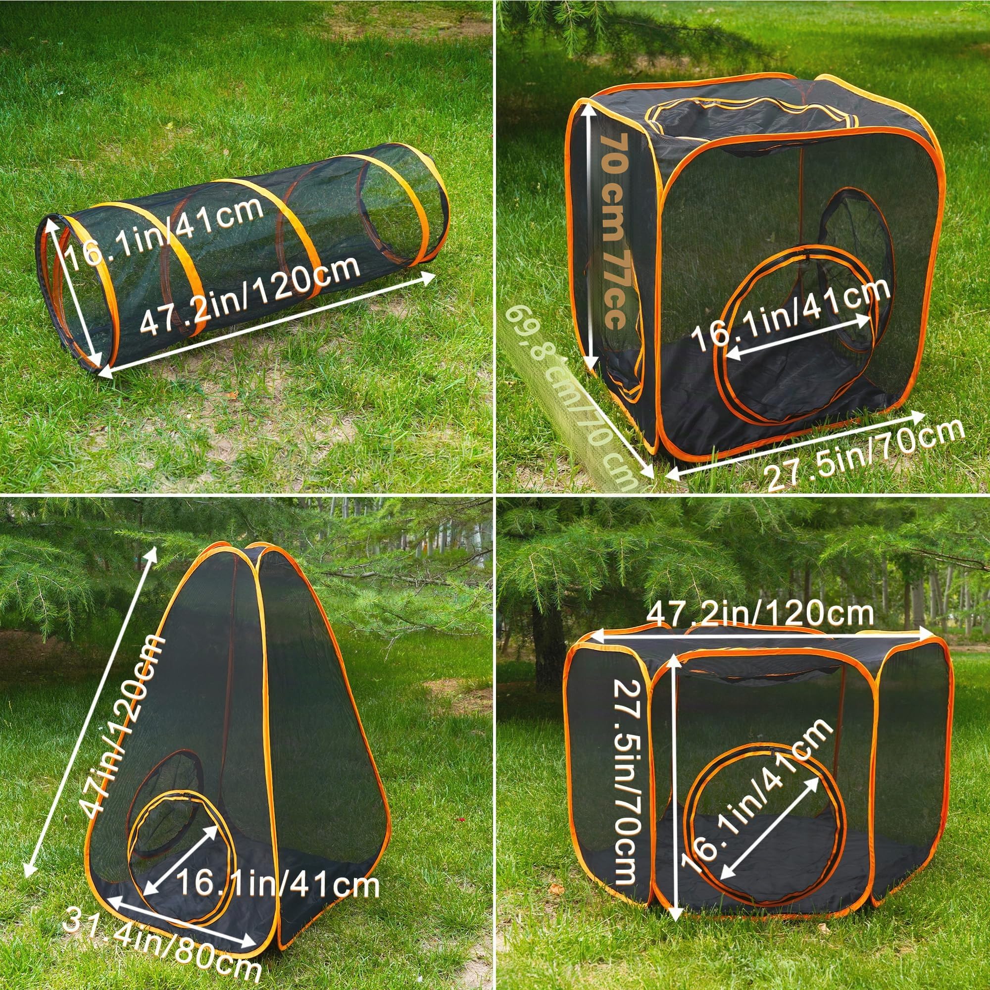 Outdoor Katzenlaufstall, faltbares Katzengehege, tragbares Pop-Up-Mesh-Zelt, Haustierzelt mit drei Tunnelkanälen, tragbares Outdoor-Tiergehege für Hunde (Orange, 7-in-1)