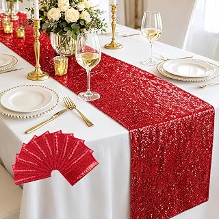 ShinyBeauty 10 Pack Red Sequin Table Runner 12x108 Red Runners for Wedding