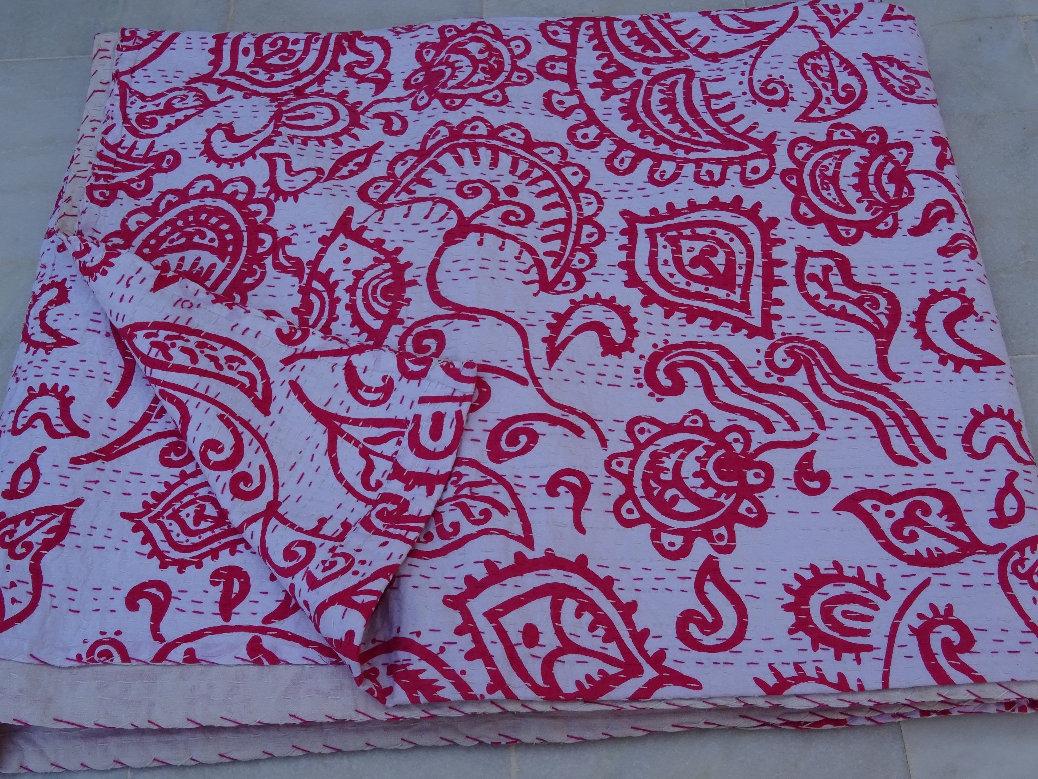 Tribal Asian Textiles Tribal Kantha Print Queen Size Kantha Quilt Throw Blanket