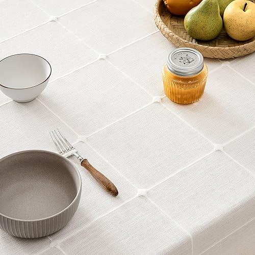 Miniatura 3 de ZeeMart Mantel de cuadros bohemio con borlas (blanco hueso, 52 x 52 pulgadas), mantel de lino pesado bordado a cuadros, mantel de granja, mantel