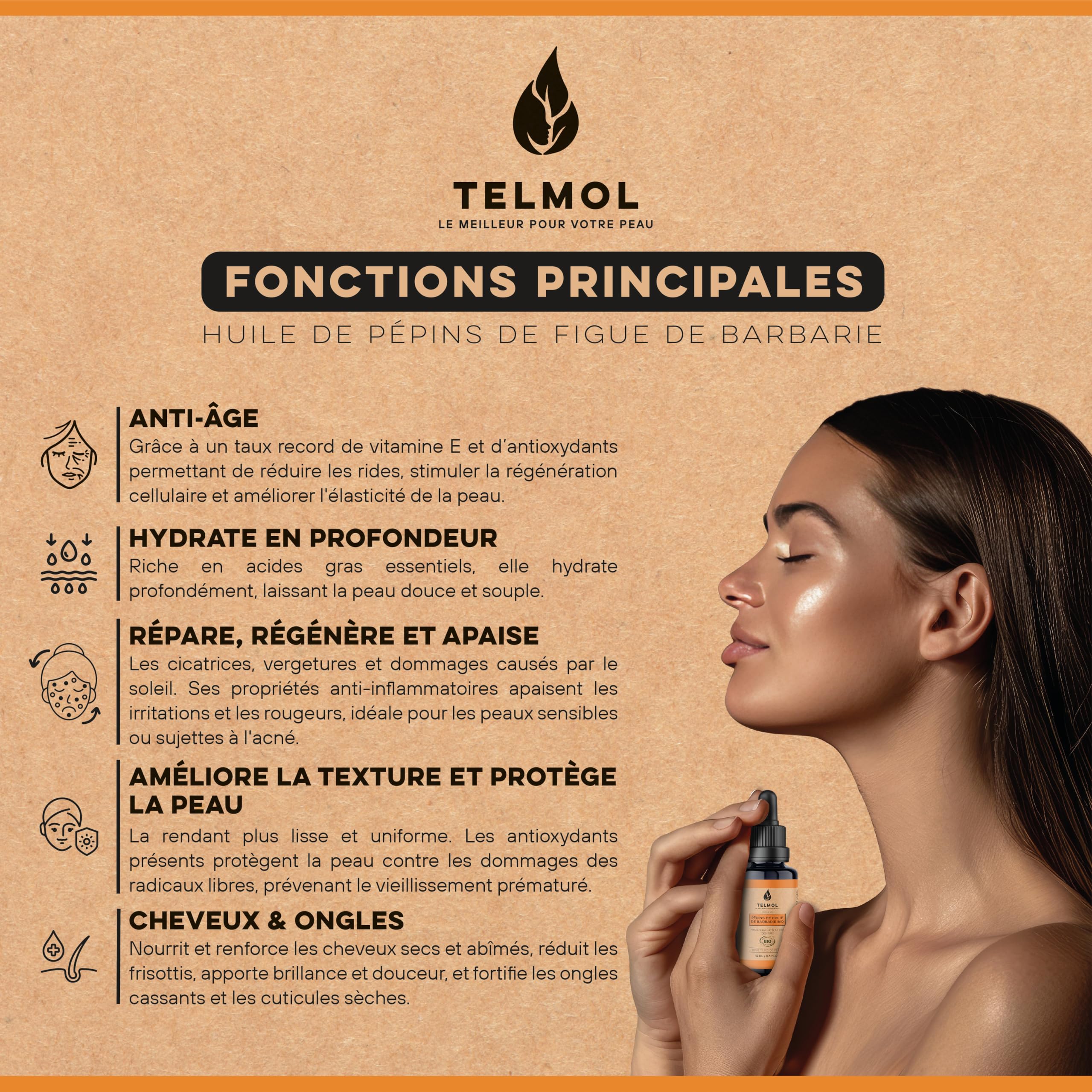 Huile de Pépins de Figue de Barbarie Bio (30ml) — Flacon en verre violet biophotonique & Pipette — 100% Pure, Première Pression à Froid — Huile de Figue de Barbarie Bio Visage Anti-Âge