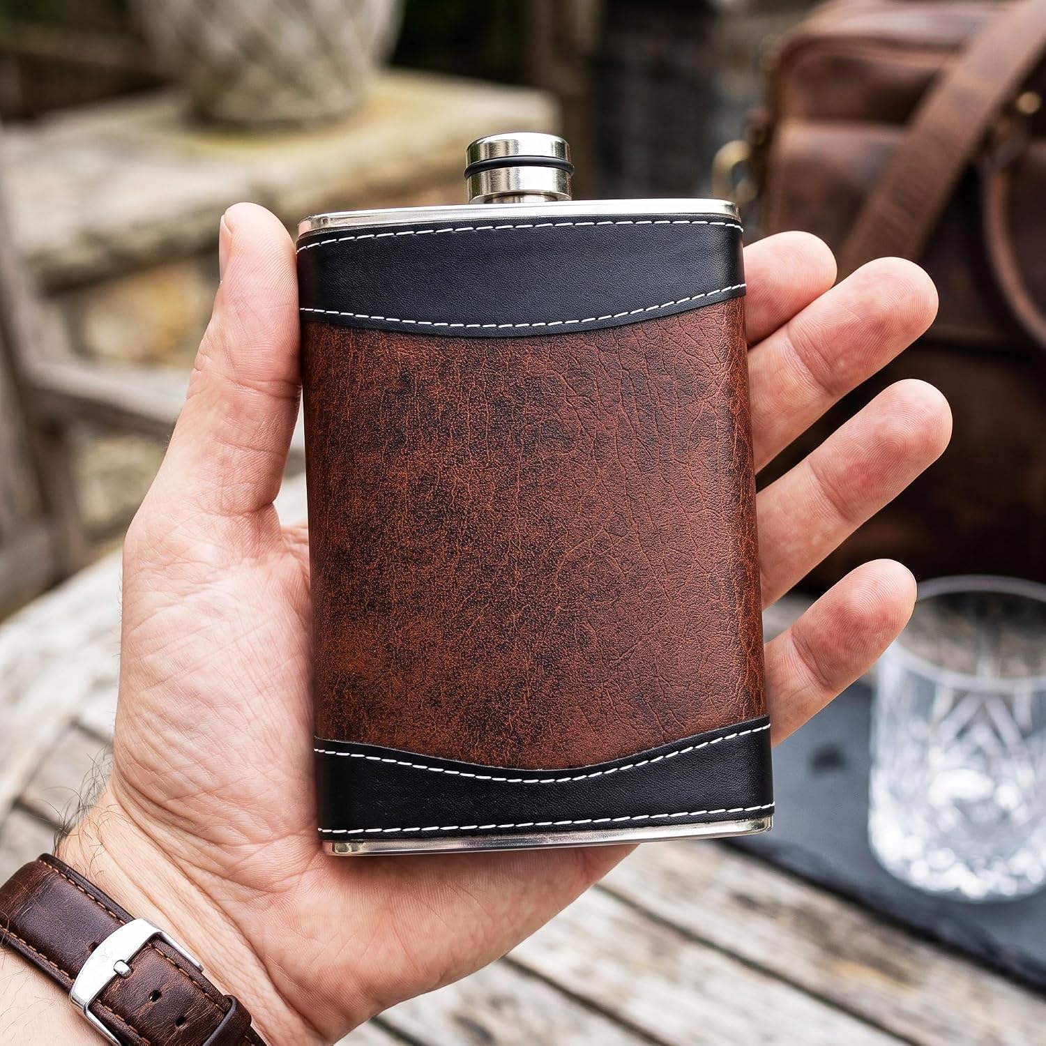 Flasks for liquor for Men, 8oz Heavy Duty Hip Flask with Funnel, Black and Brown, Gift boxed