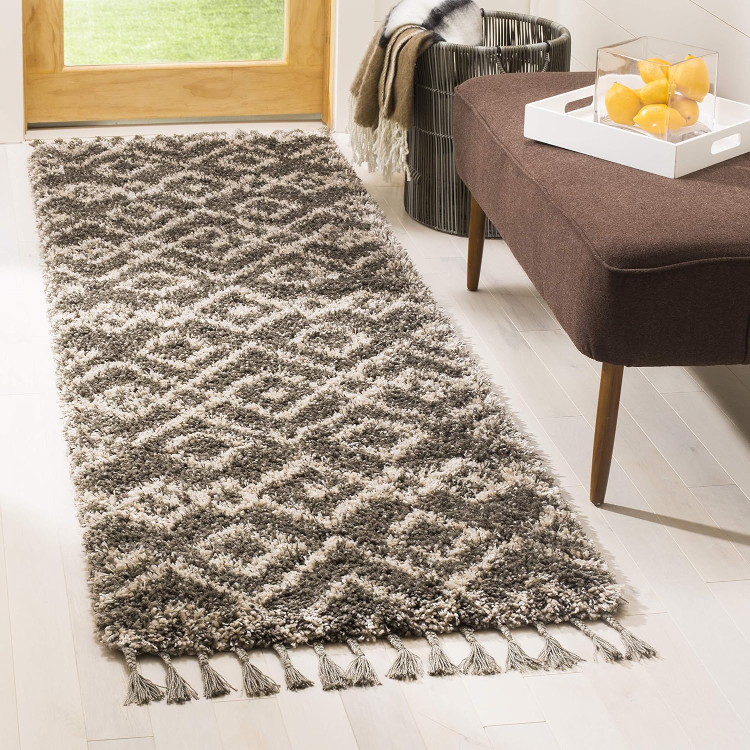 SAFAVIEH Moroccan Fringe Shag Collection Runner Rug - 2'3" x 7', Grey & Cream, Boho Tribal Design, Non-Shedding & Easy Care, 2-inch Thick Ideal for High Traffic Areas in Living Room, Bedroom (MFG249A)