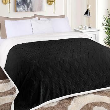 Superior Fleece Reversible Lattice Blanket, Decorative Blankets for Bedroom, Sofa, Fuzzy, Plush, Fluffy, Soft, Cute Room Decor, Beautiful Cover, Comfort Essentials, Nuuk Collection, Full/Queen, Black
