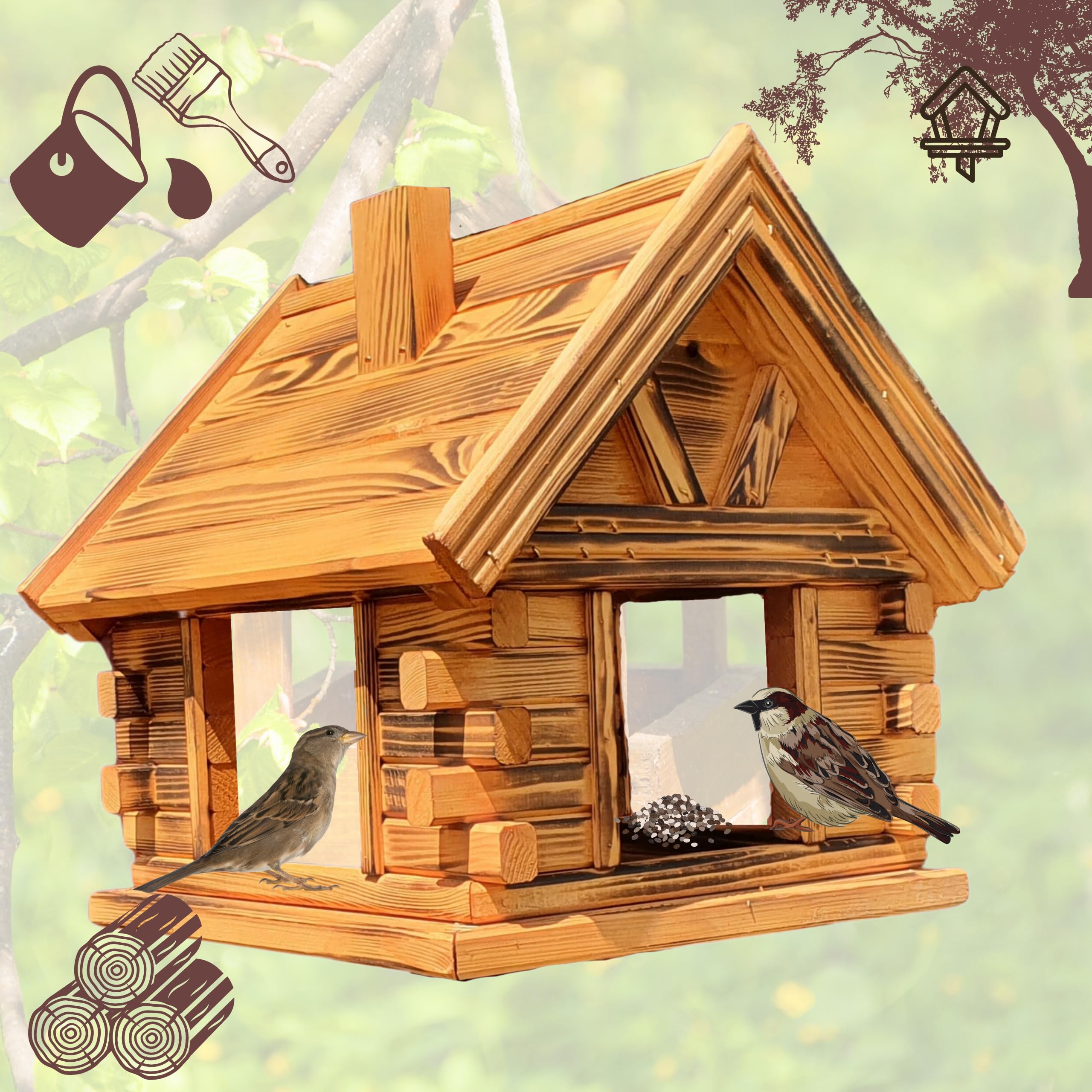 VOGELHAUS aus Holz Vogelhäuschen Vogelhäuser Vogelfutterhaus (Kiefer + gebranntes Holz)