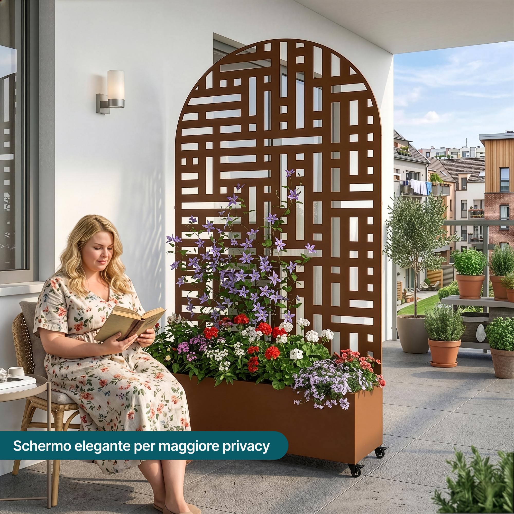 casa.pro Fioriera con Spalliera Arcuata in Acciaio 190x120x38 cm Marrone | Zincato Pannello Divisorio Decorativo Portapiante a Rotelle Separè Privacy Ruote da Interno Esterno Giardino Terrazza