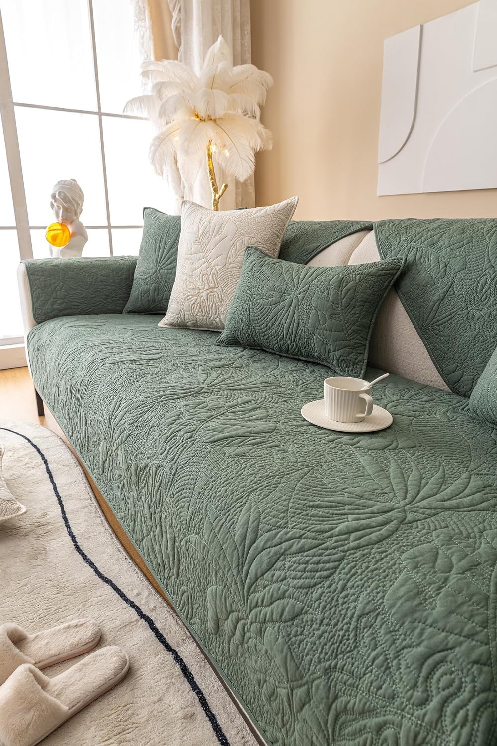 Cotton Leaf Embroidery Sofa Cover Soft Farmhouse Seat Cushion Cover Quilted Sectional Couch Cover Anti-Slip Sofa Slipcovers Washable Furniture Protector for Dogs Cats Kids (Green,28"x47")
