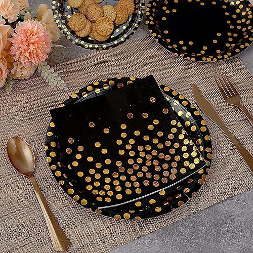 Miniatura 5 de Choha 180 piezas de suministros de fiesta negros y dorados, sirve para 30 invitados desechables para fiestas, platos de papel negro, servilletas,