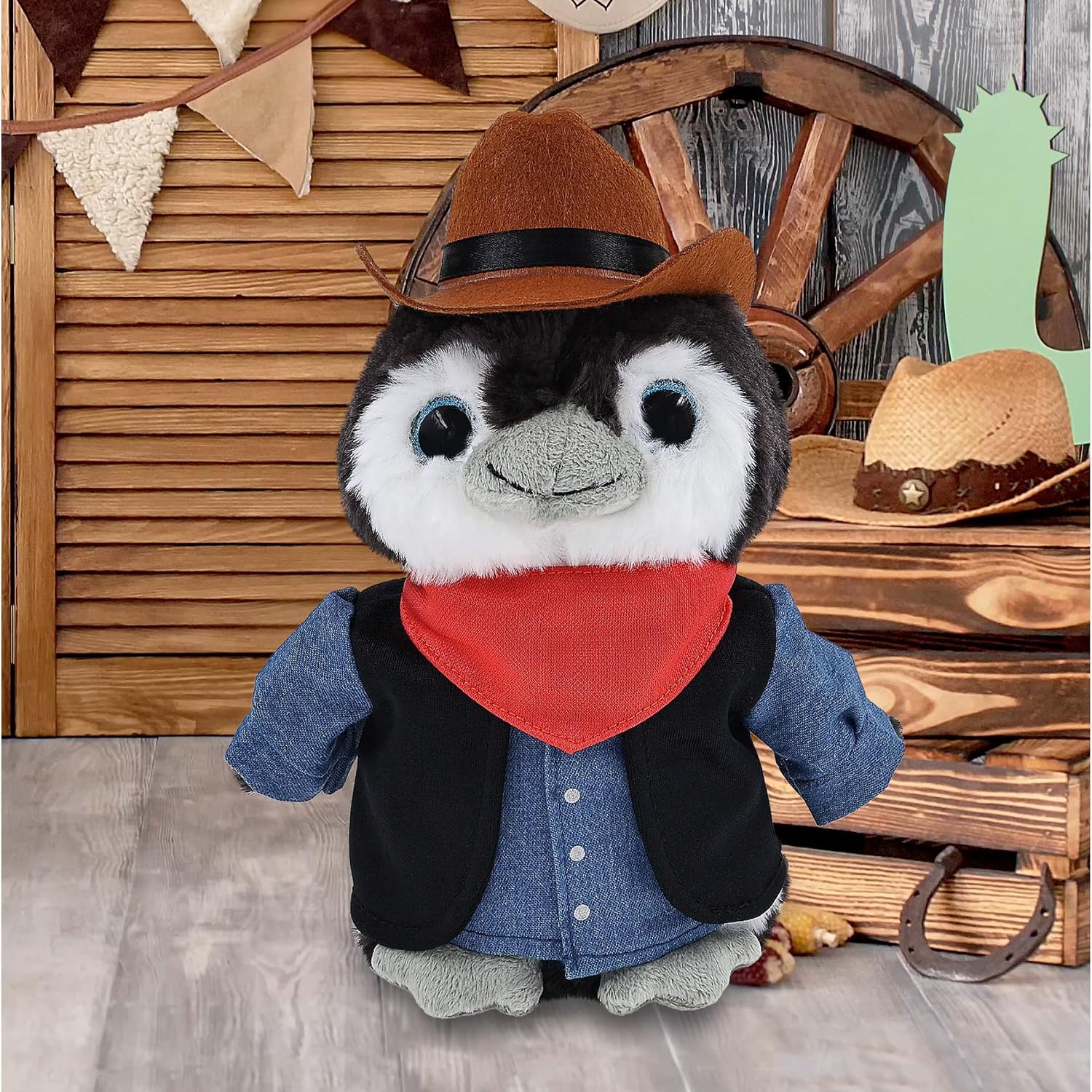 DolliBu Grey Penguin Stuffed Animal Cowboy Plush with Name Personalization - Western-Themed Penguin Plush with Cute Cowboy Costume Denim Shirt Vest, Bandana, Leather Pants, and Hat - 9 Inches