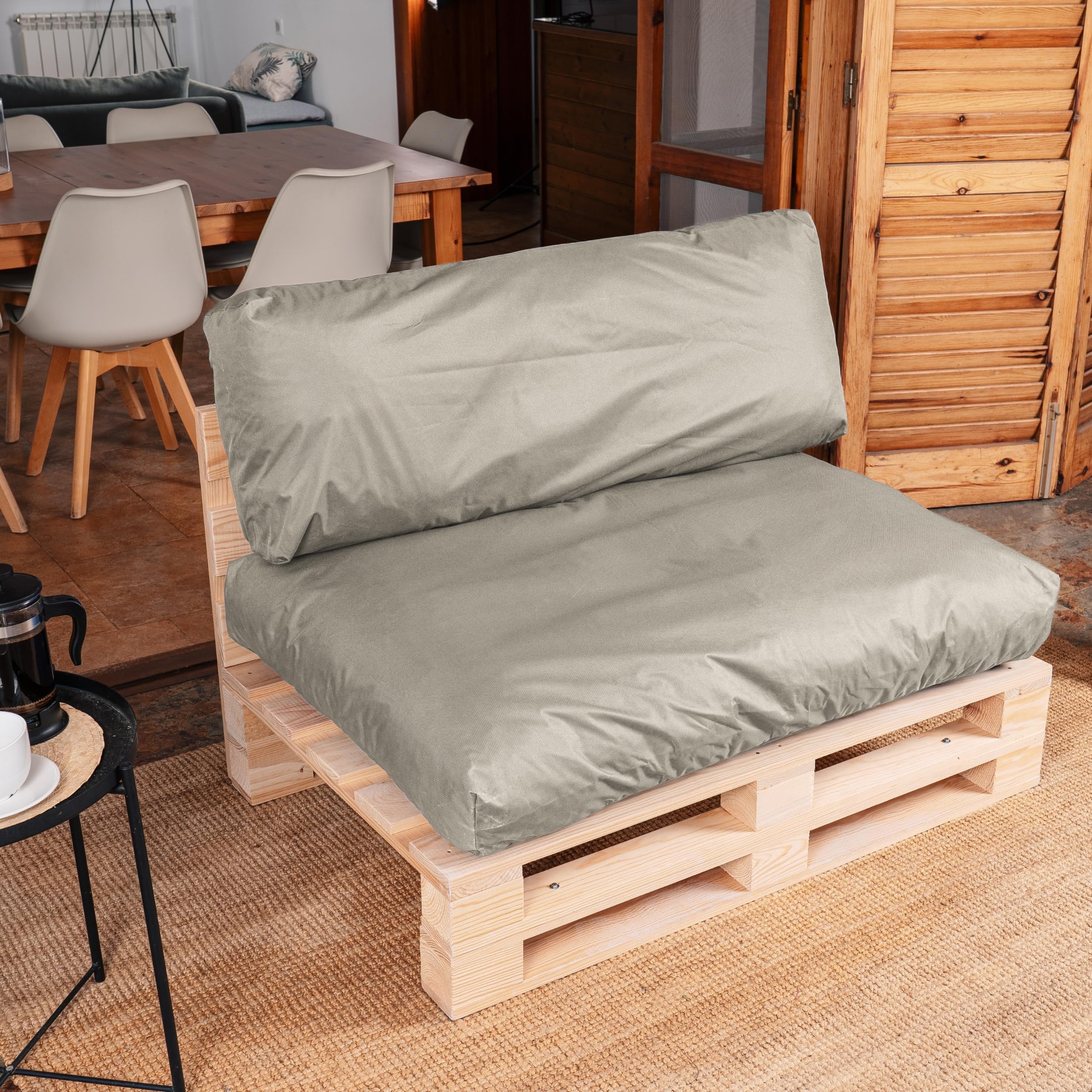 bananair - Cojines para Palets Impermeables y Desenfundables - Muy Cómodos, Relleno de Espuma - Cojines Exterior para Jardín y Terraza (1 Asiento 120x80 + 1 Respaldo 120x40, Gris Claro)