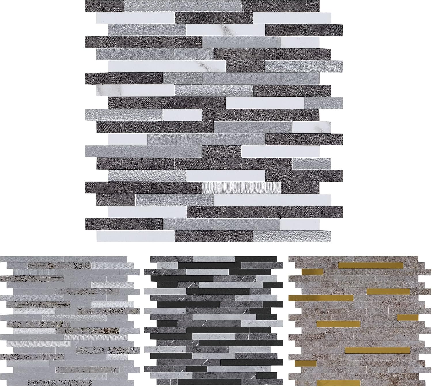 10-Sheet Peel and Stick Backsplash Tile，DIY Marble Stone Metal ，PVC Mixed Aluminum Mosaic Tiles for Kitchen Bathroom, 11.88"x11.81"x0.15",9.75 sq.ft (10, Grey Pattern +Silver White)