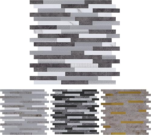 Miniatura 2 de YMMXGE Azulejos de 10 hojas para salpicaduras de despegar y pegar, metal de piedra de mármol, azulejos de mosaico de aluminio mezclado de PVC para