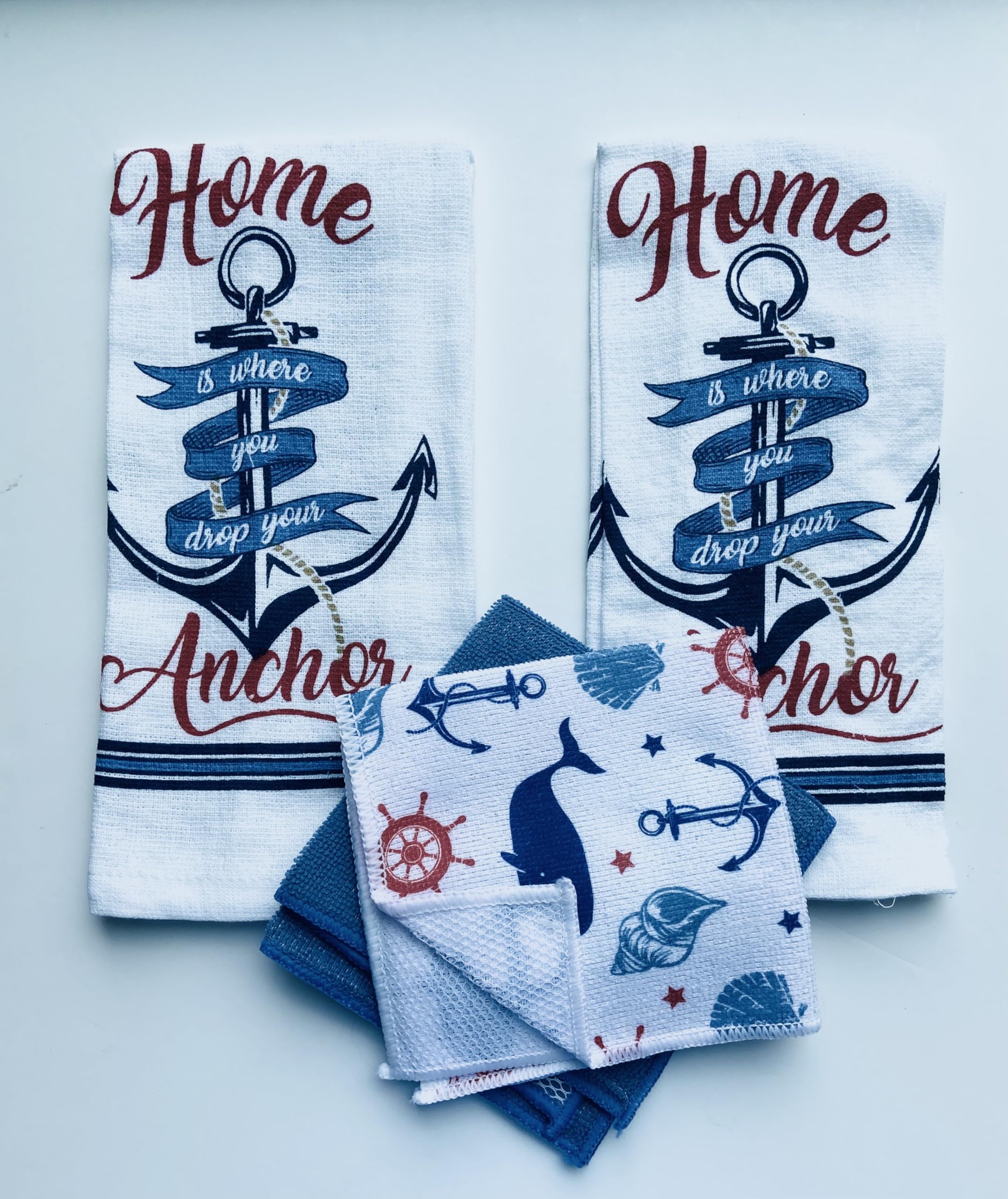Generic 4 Piece Home Collection Set of 2 Costal Themed Dish Towels and 2 Dishcloths. (Home is Where You Drop Your Anchor), White, Blue, Red