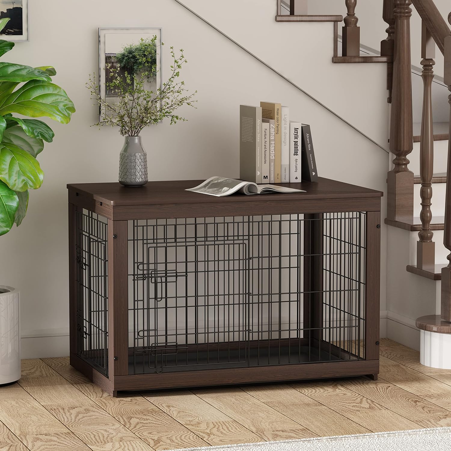 Dog Crate End Table for Large Dog, Dog Crate Furniture for 2 Dogs with Tray, Double Doors Wire Wood Dog Kennel Indoor, Detachable Top…
